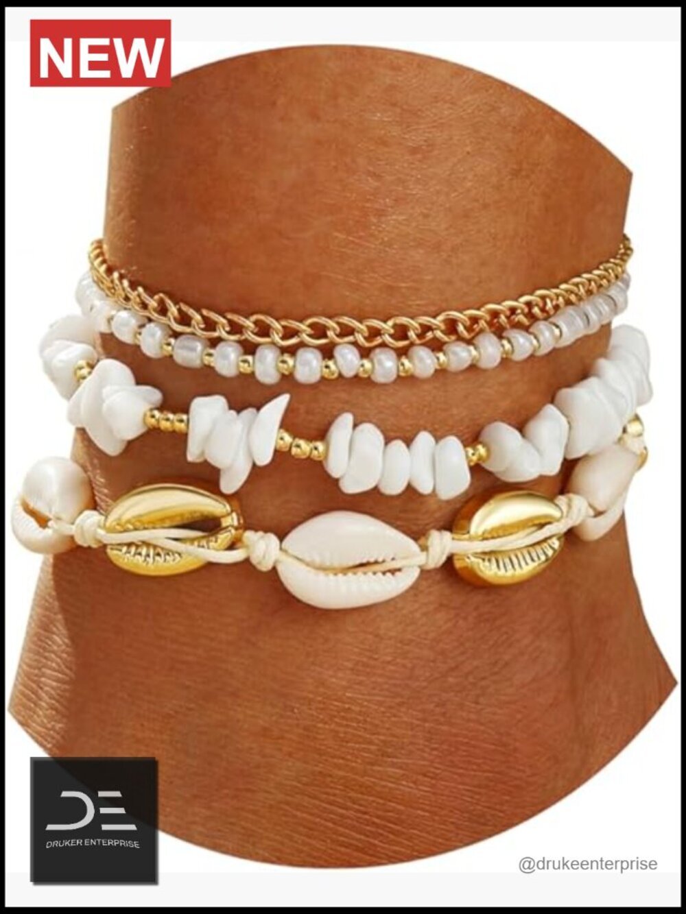 Gold Plated Shell Anklet Set - Boho Bead Adjustable Anklets 4 Pack